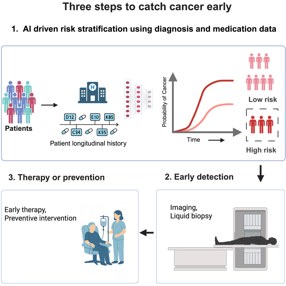 Graphical abstract: diagnosis and medication histories support AI-driven risk stratification, early detection, and therapy or prevention.