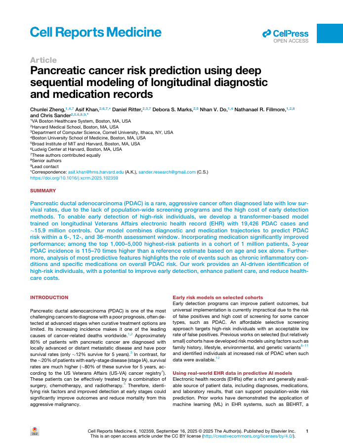 Opening article page of the pancreatic cancer risk prediction paper.