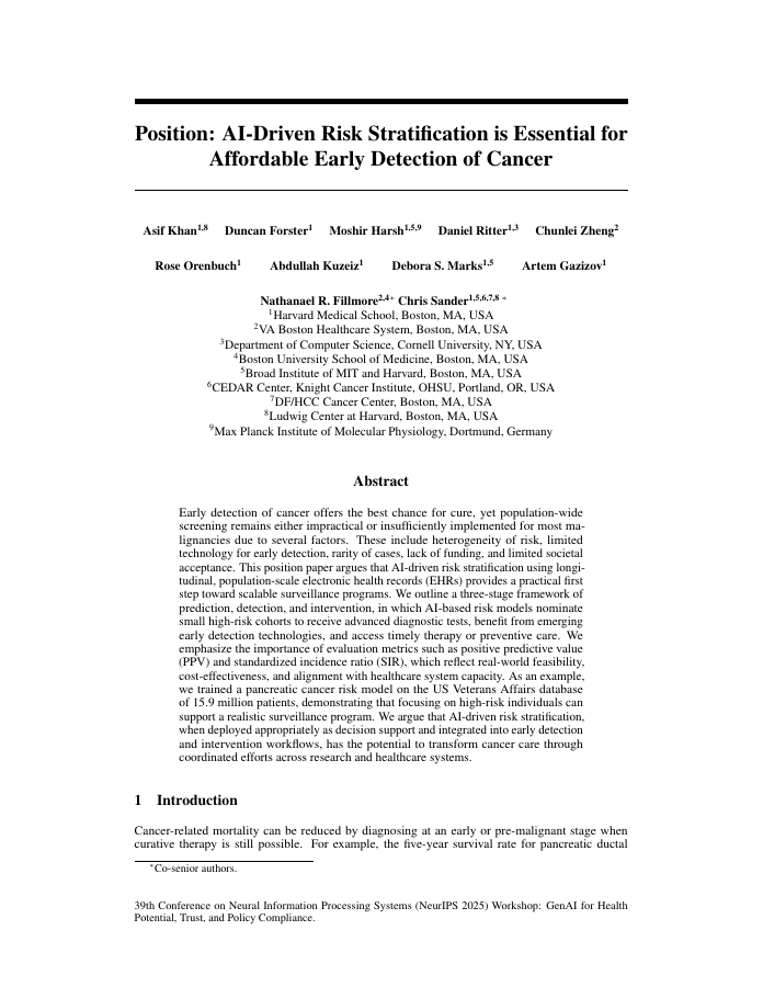 First page of the position paper on AI-driven cancer risk stratification.